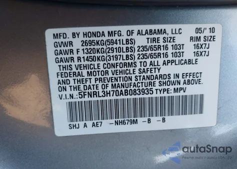 2010 Honda Odyssey Ex-L from USA, damaged, VIN 5FNRL3H70AB083935